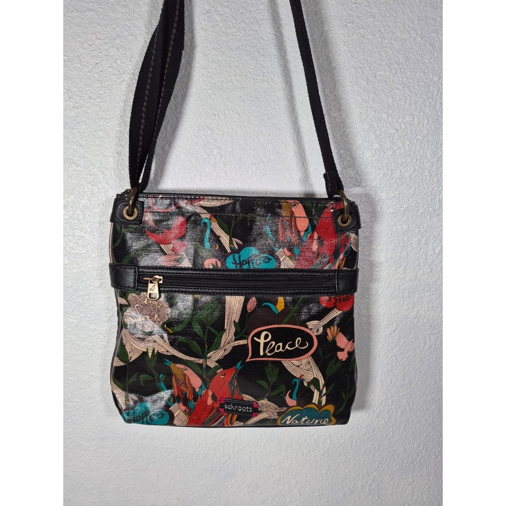 Sakroots Artist Circle Crossbody Bag Black Peace Nature Bird Print Coated Canvas